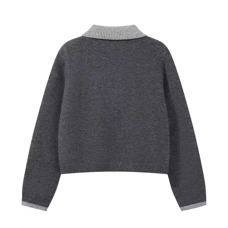 Long sleeve knitted tops Pseudo-two gray cardigan for women