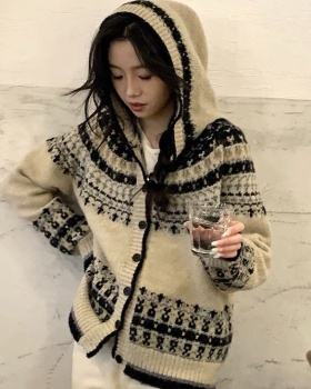 Hooded autumn and winter sweater retro wool cardigan for women