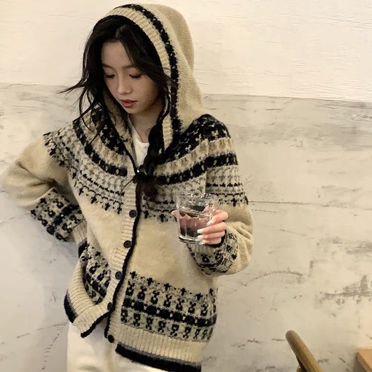 Hooded autumn and winter sweater retro wool cardigan for women