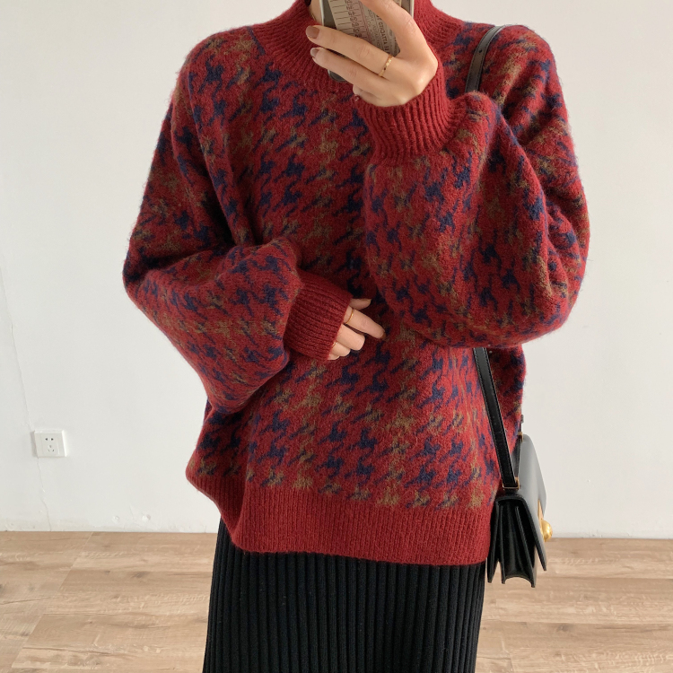 Retro loose winter coat half high collar cozy sweater