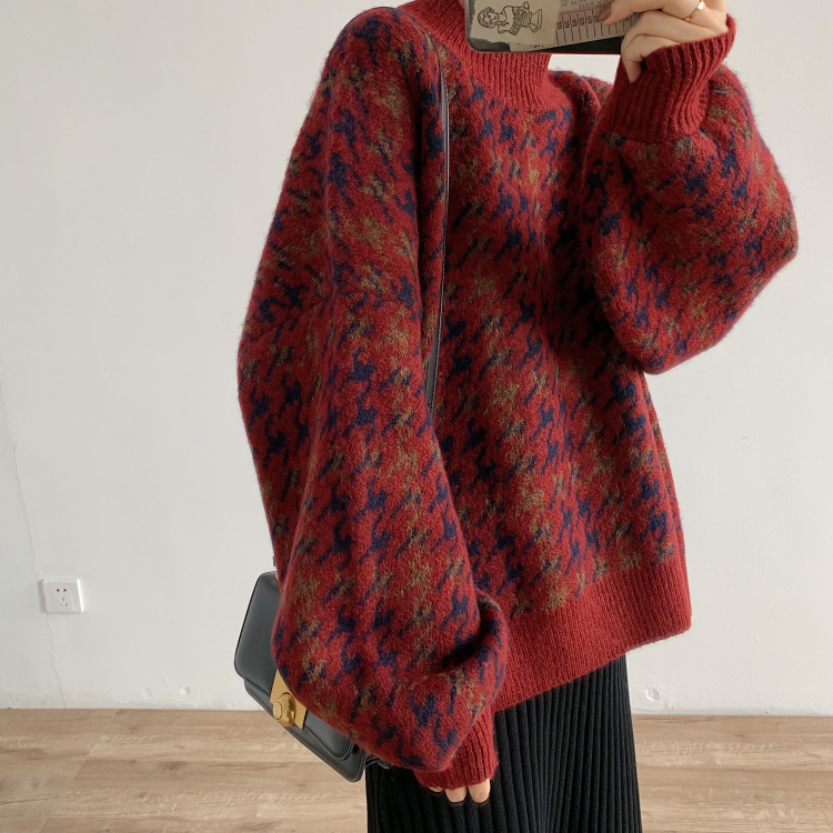 Retro loose winter coat half high collar cozy sweater