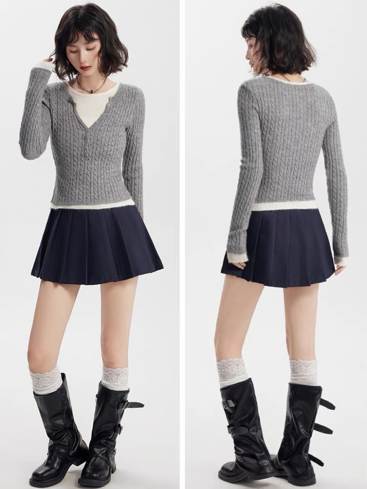 Slim Pseudo-two tops knitted spring sweater for women