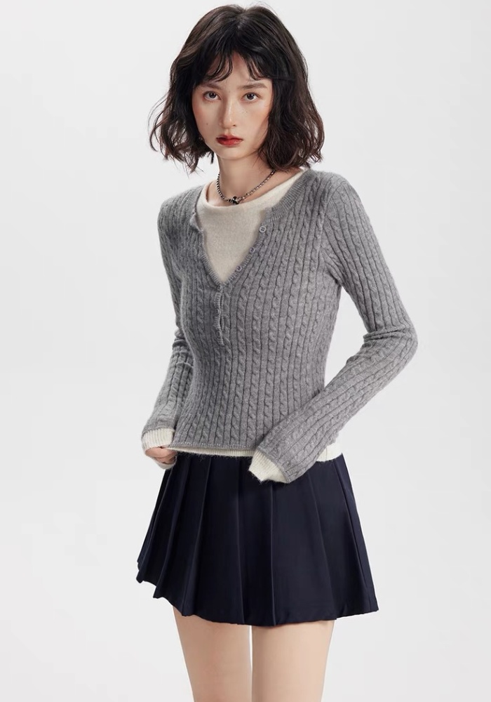 Slim Pseudo-two tops knitted spring sweater for women