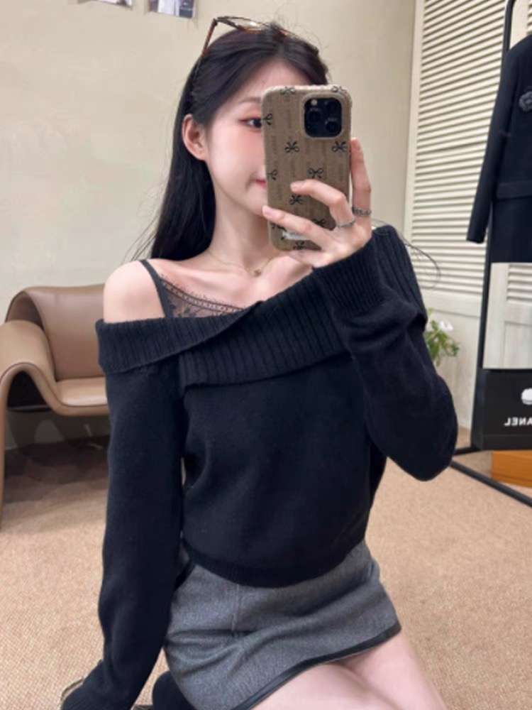 Pseudo-two autumn and winter tops strapless sweater for women