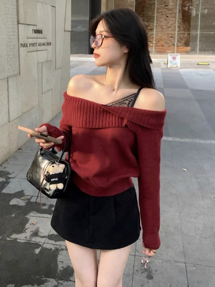 Pseudo-two autumn and winter tops strapless sweater for women