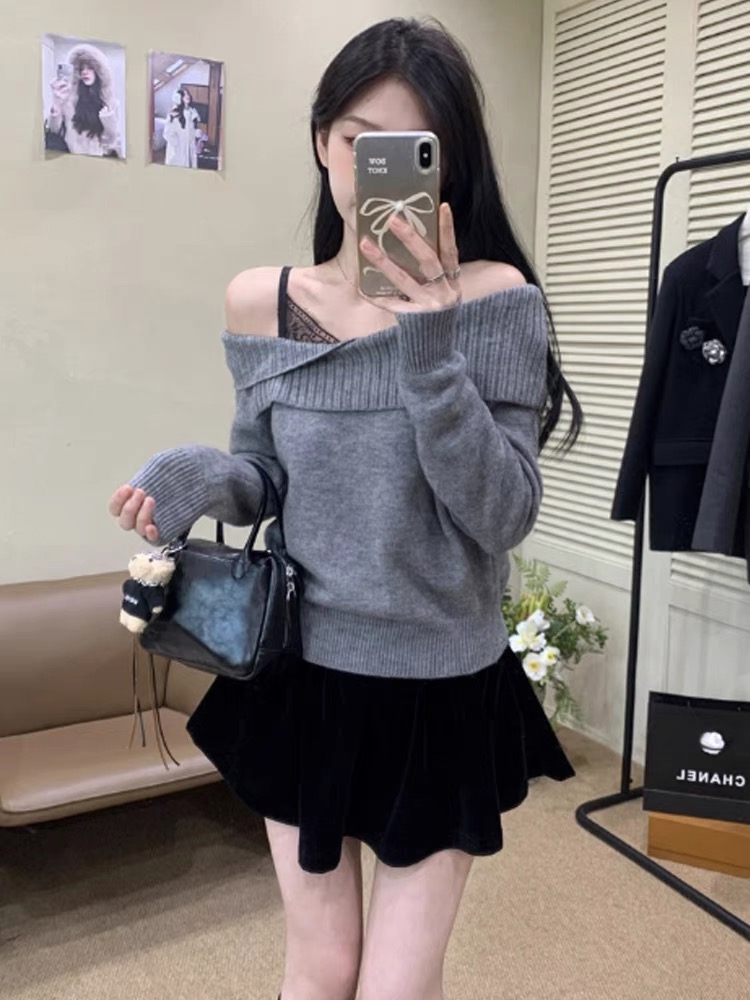 Pseudo-two autumn and winter tops strapless sweater for women