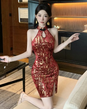 Sexy short retro cheongsam velvet autumn and winter dress