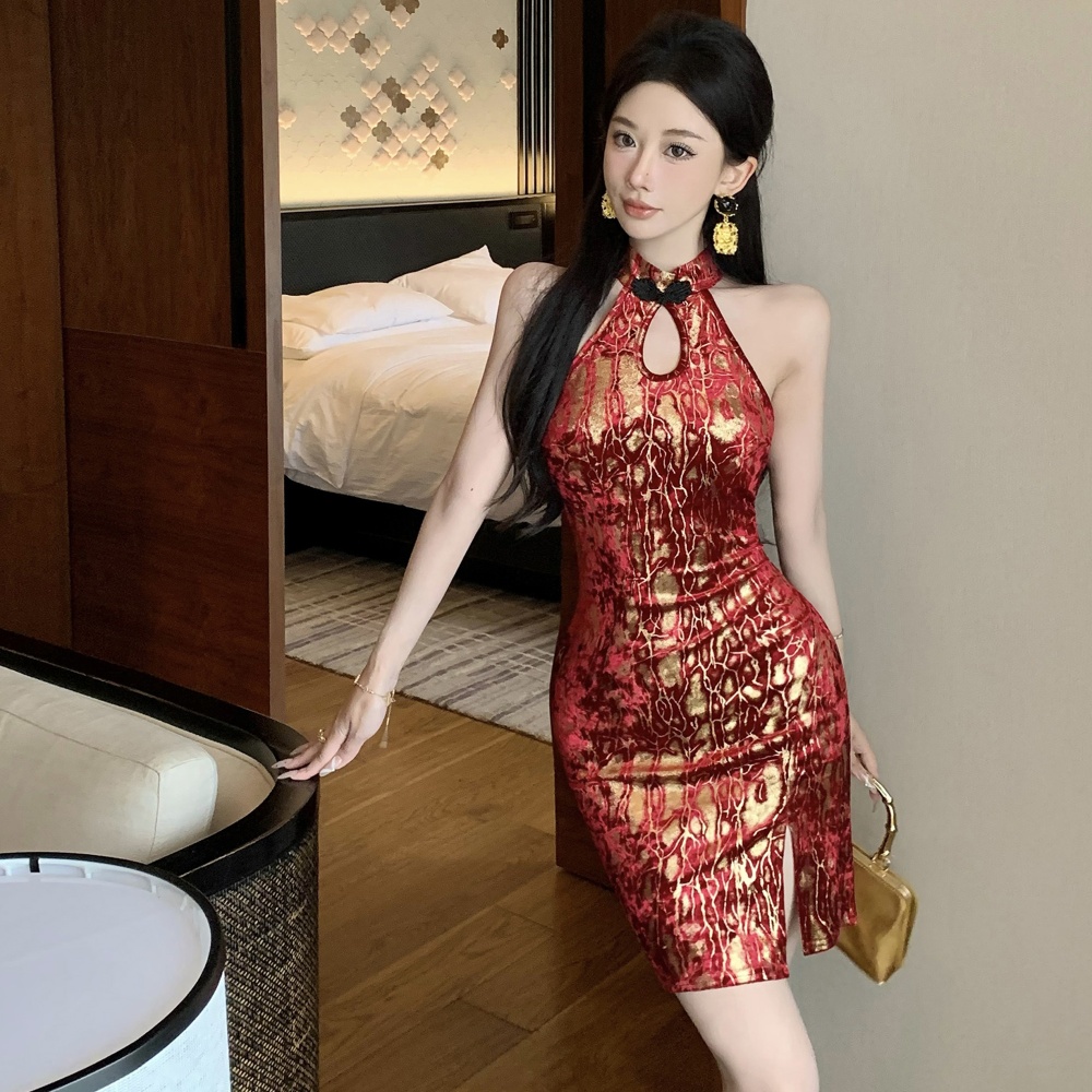 Sexy short retro cheongsam velvet autumn and winter dress