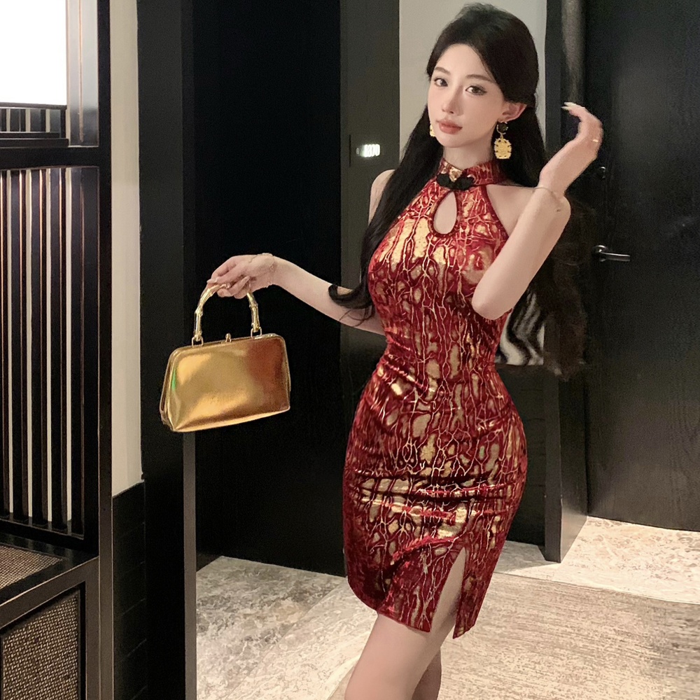 Sexy short retro cheongsam velvet autumn and winter dress