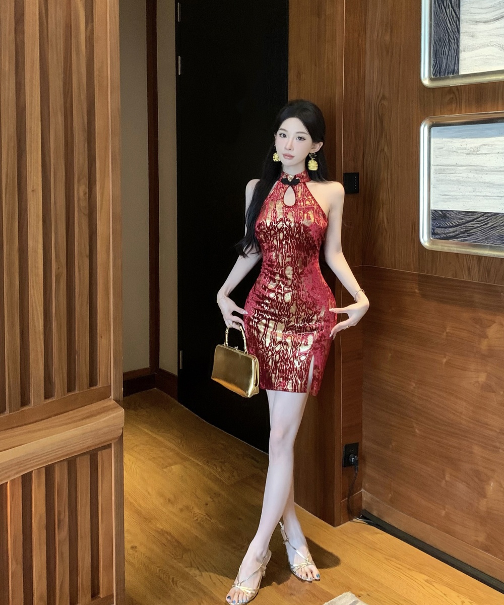 Sexy short retro cheongsam velvet autumn and winter dress