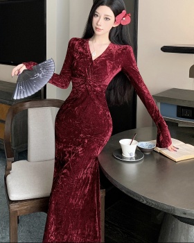 Annual meeting tight velvet formal dress V-neck slim dress