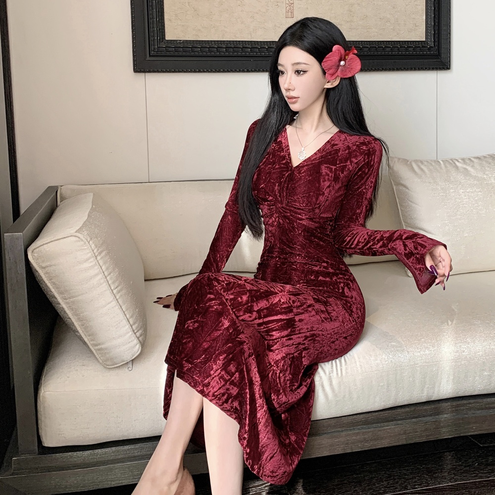 Annual meeting tight velvet formal dress V-neck slim dress