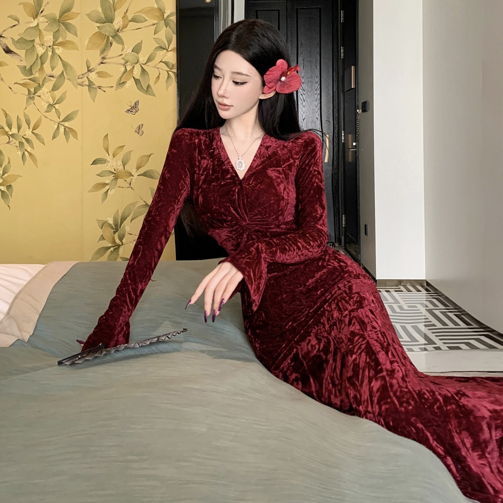 Annual meeting tight velvet formal dress V-neck slim dress