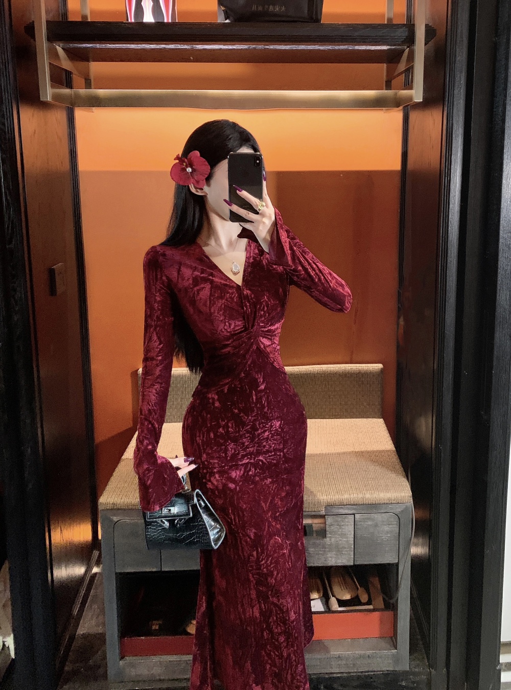 Annual meeting tight velvet formal dress V-neck slim dress