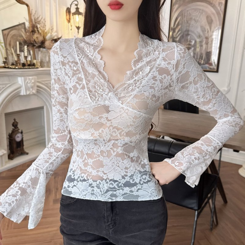 Short bottoming shirt trumpet sleeves tops for women