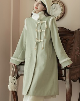 Stars buckle long retro thick woolen coat