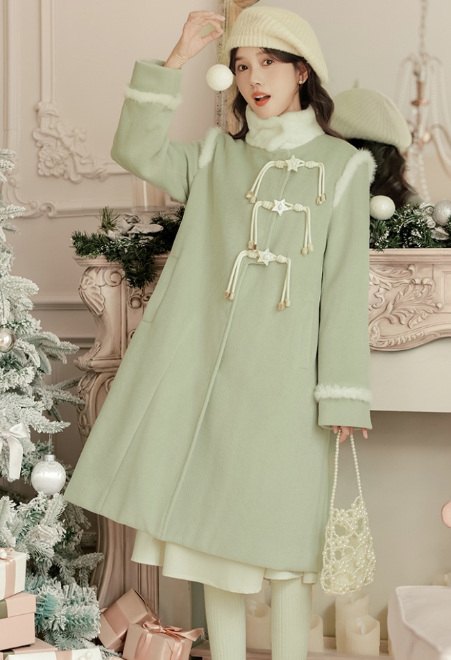 Stars buckle long retro thick woolen coat