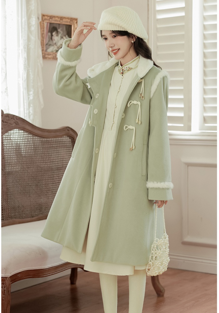 Stars buckle long retro thick woolen coat