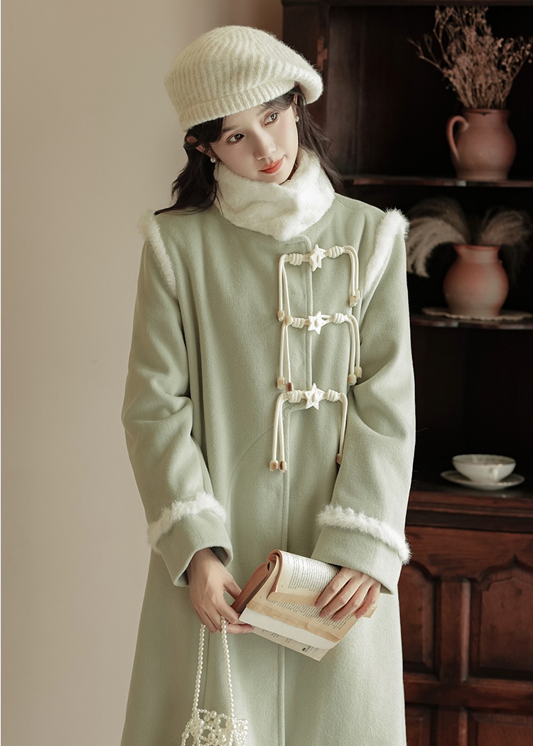 Stars buckle long retro thick woolen coat