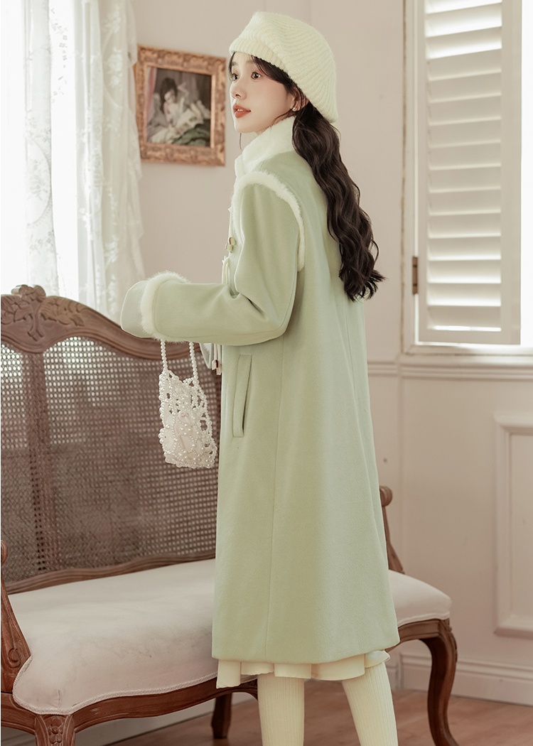 Stars buckle long retro thick woolen coat