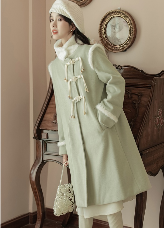 Stars buckle long retro thick woolen coat