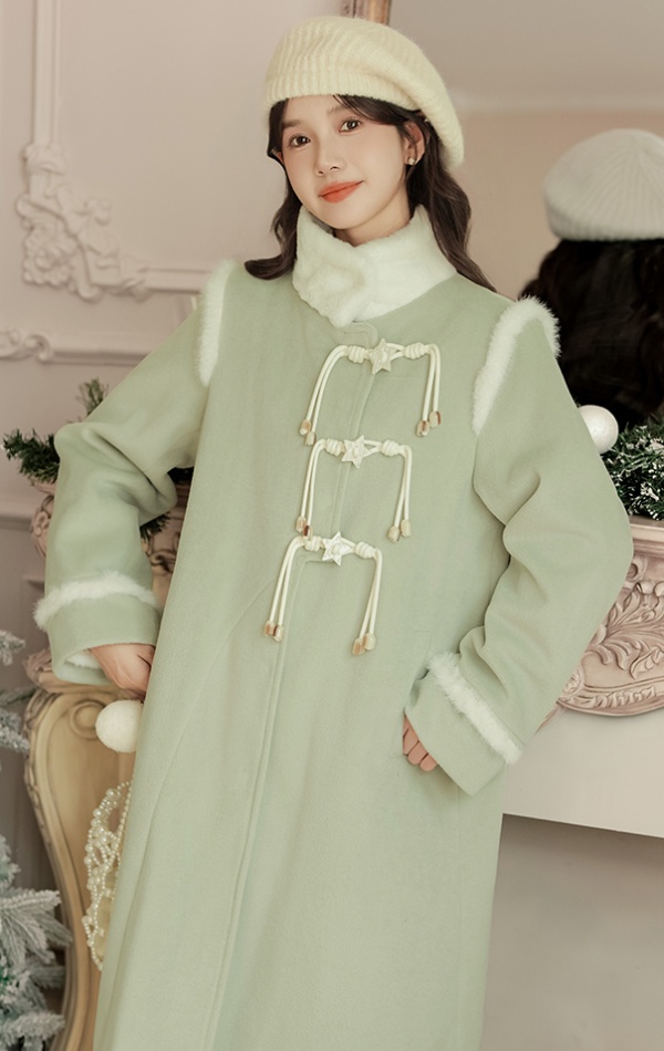 Stars buckle long retro thick woolen coat