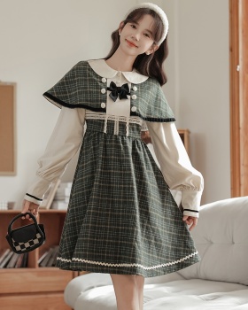 Fake three-piece conjoined retro dress elegant plaid cloak