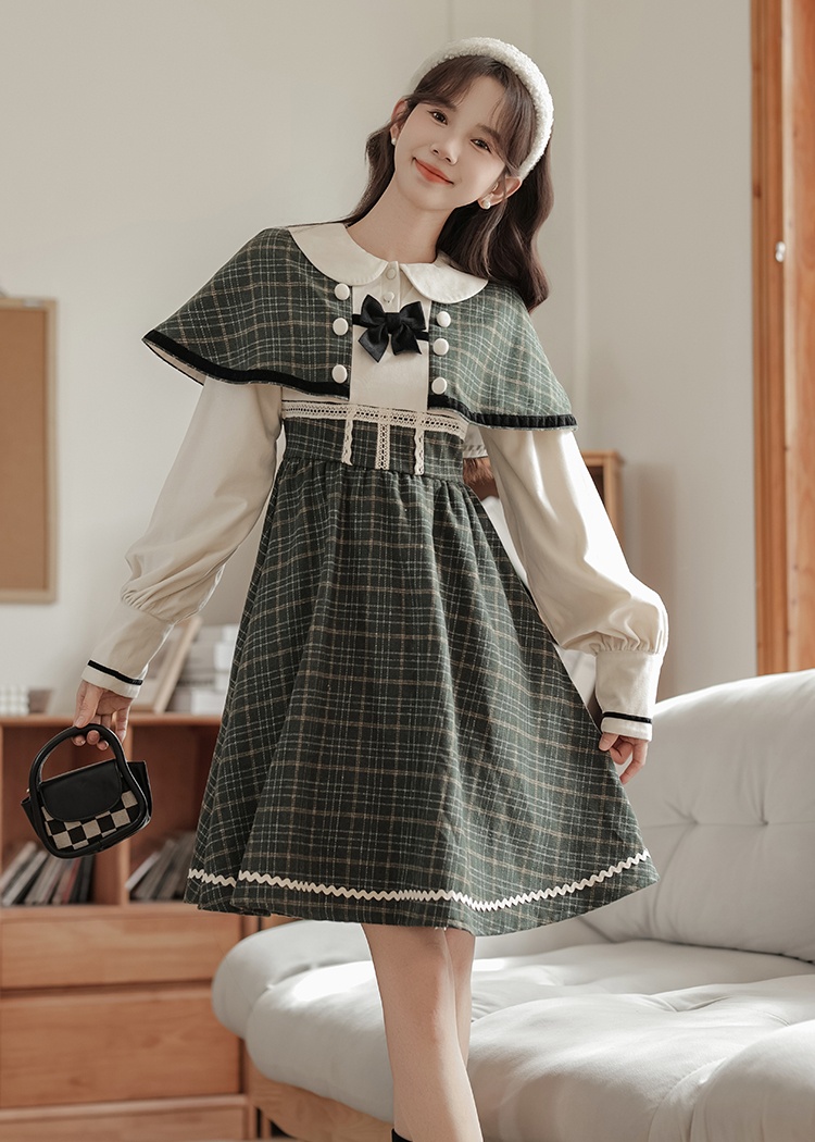 Fake three-piece conjoined retro dress elegant plaid cloak