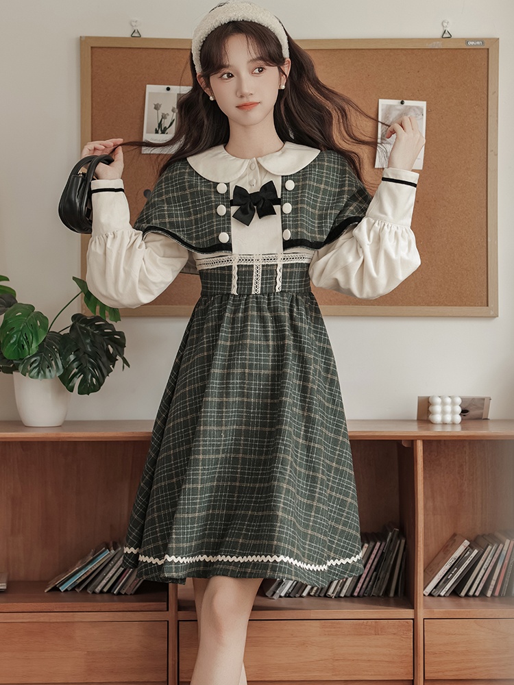 Fake three-piece conjoined retro dress elegant plaid cloak