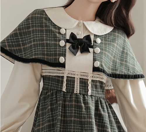 Fake three-piece conjoined retro dress elegant plaid cloak