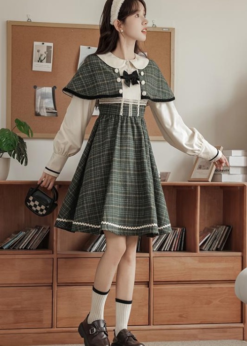 Fake three-piece conjoined retro dress elegant plaid cloak