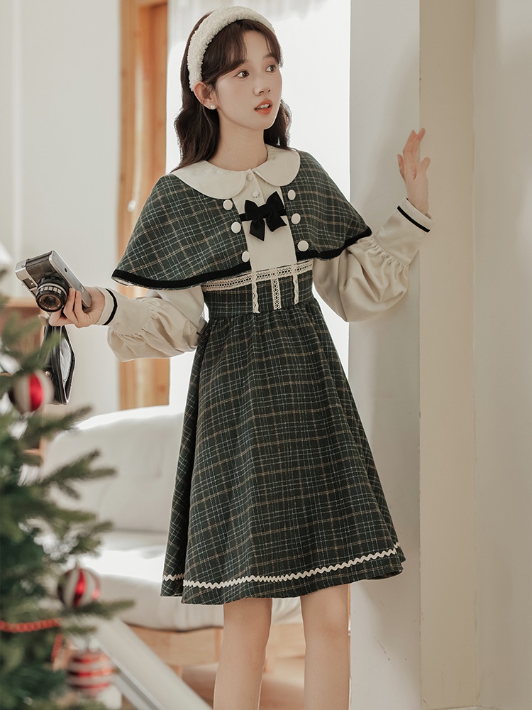 Fake three-piece conjoined retro dress elegant plaid cloak