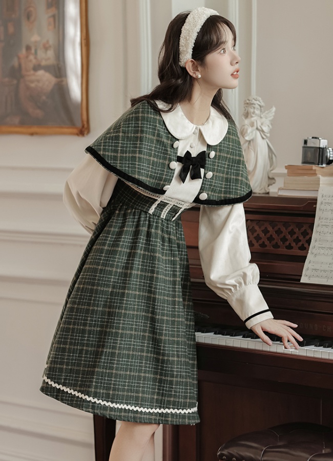 Fake three-piece conjoined retro dress elegant plaid cloak