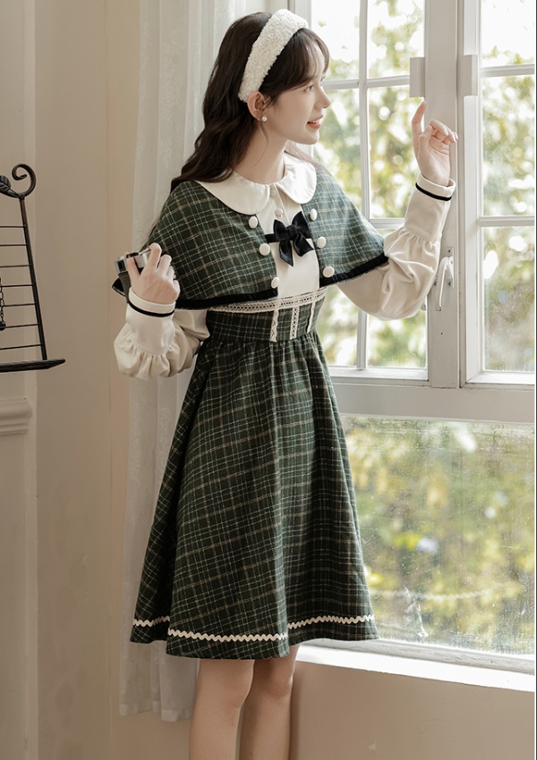 Fake three-piece conjoined retro dress elegant plaid cloak