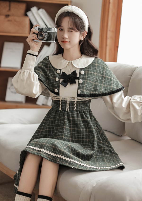 Fake three-piece conjoined retro dress elegant plaid cloak