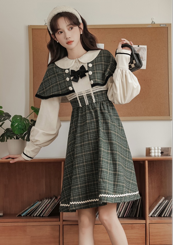 Fake three-piece conjoined retro dress elegant plaid cloak