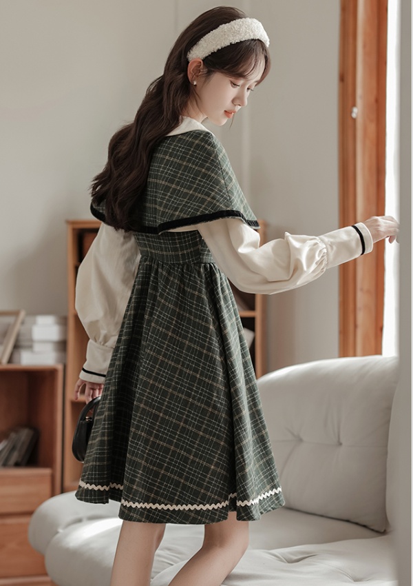 Fake three-piece conjoined retro dress elegant plaid cloak