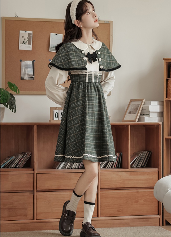 Fake three-piece conjoined retro dress elegant plaid cloak