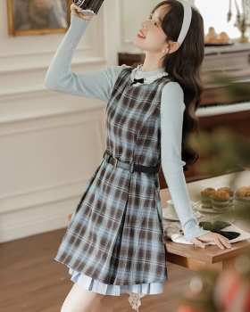 A-line spring dress sleeveless plaid sleeveless dress 2pcs set