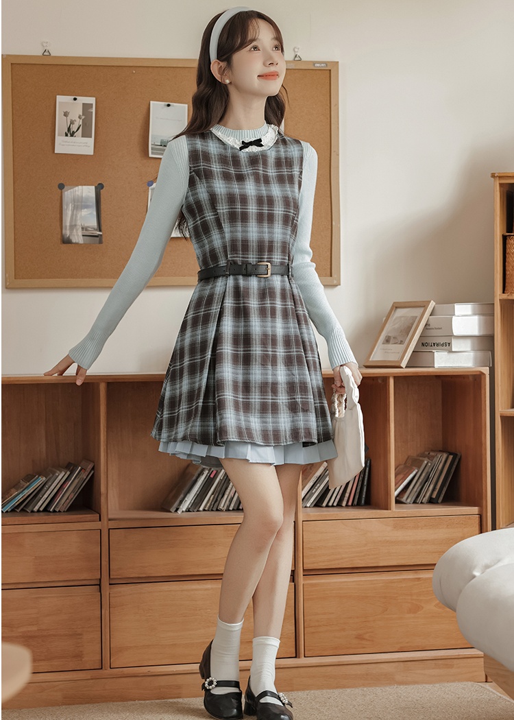 A-line spring dress sleeveless plaid sleeveless dress 2pcs set