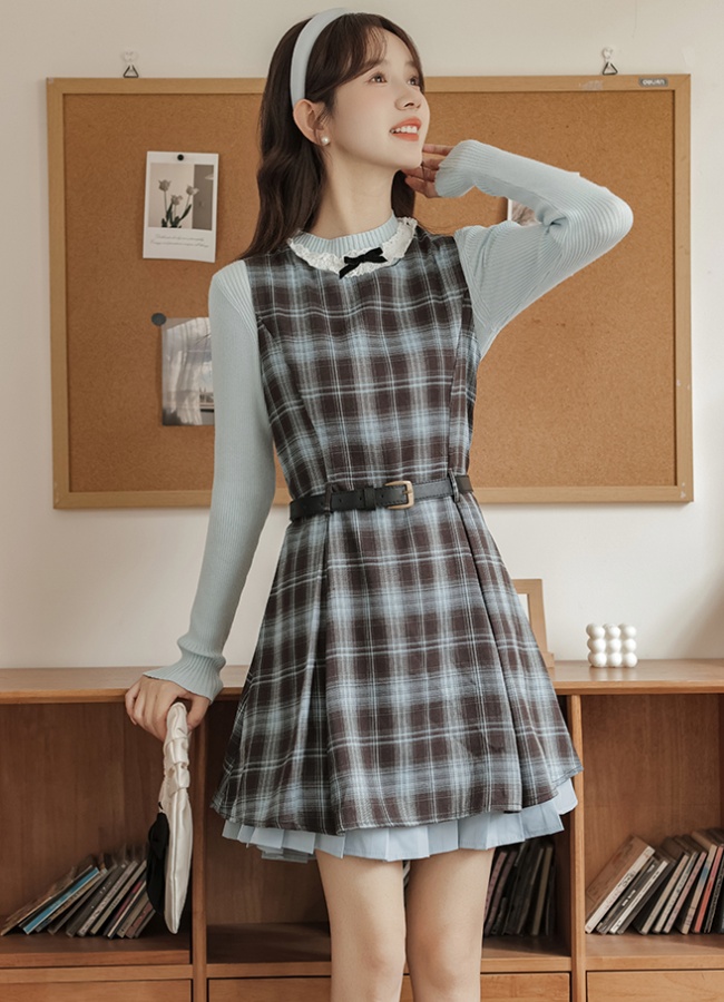 A-line spring dress sleeveless plaid sleeveless dress 2pcs set