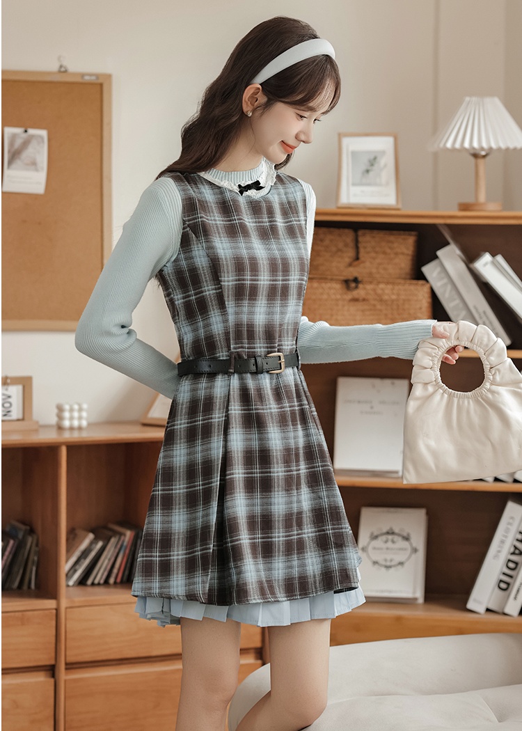 A-line spring dress sleeveless plaid sleeveless dress 2pcs set