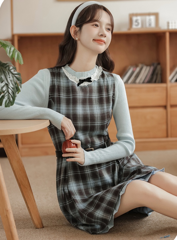 A-line spring dress sleeveless plaid sleeveless dress 2pcs set