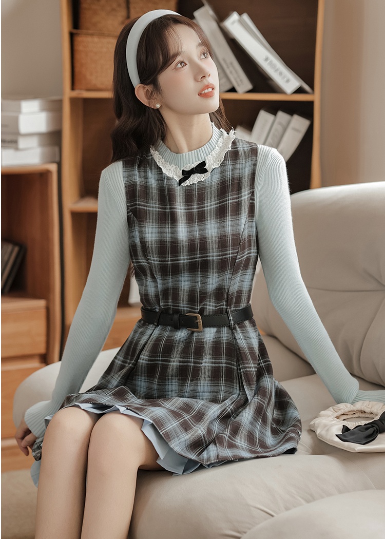 A-line spring dress sleeveless plaid sleeveless dress 2pcs set