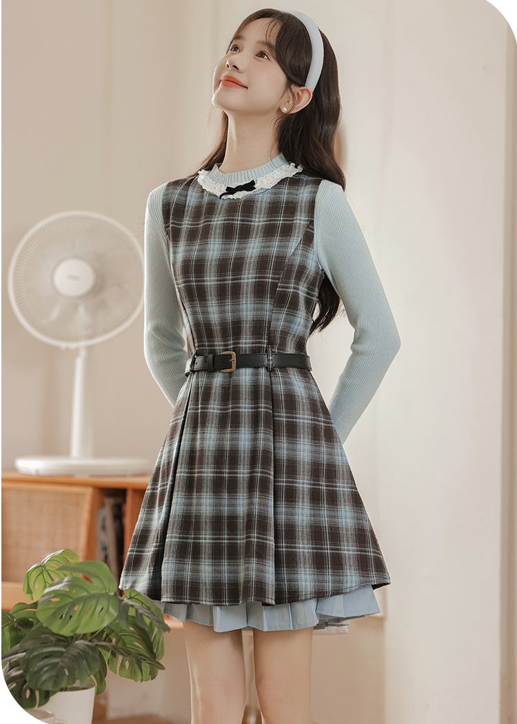 A-line spring dress sleeveless plaid sleeveless dress 2pcs set