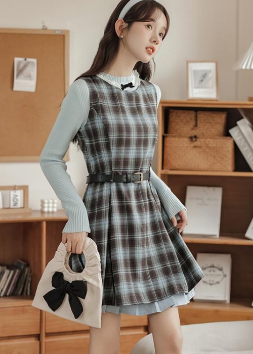 A-line spring dress sleeveless plaid sleeveless dress 2pcs set