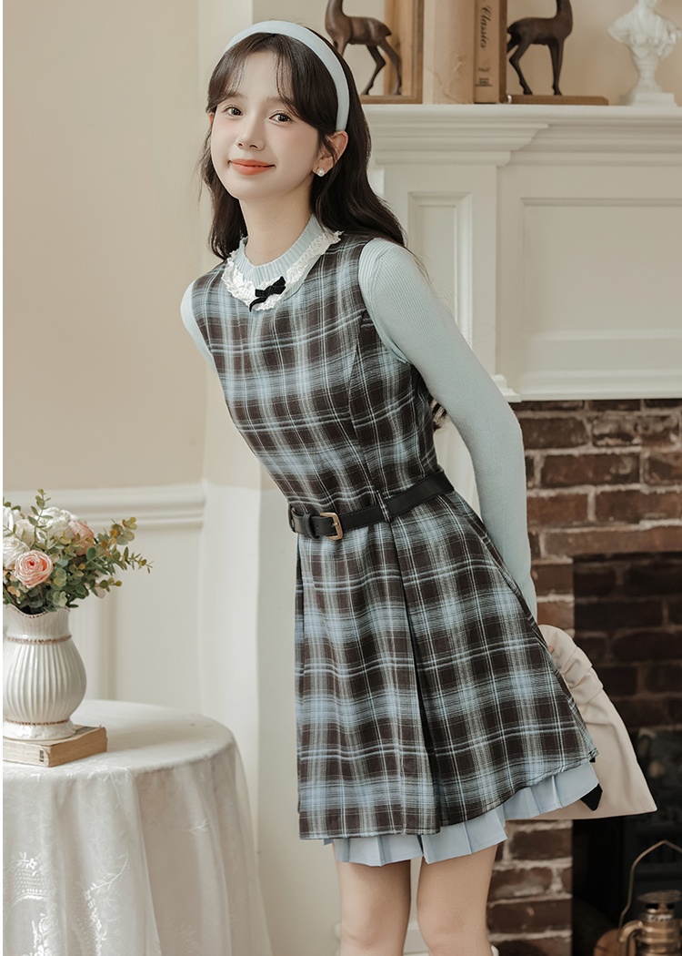 A-line spring dress sleeveless plaid sleeveless dress 2pcs set