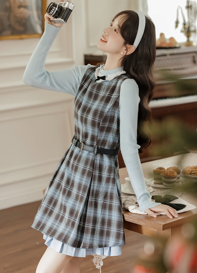 A-line spring dress sleeveless plaid sleeveless dress 2pcs set