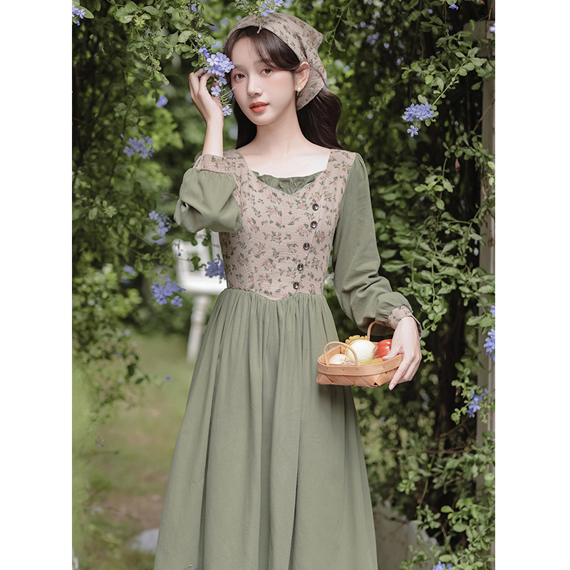 Pseudo-two countryside art retro canvas floral dress