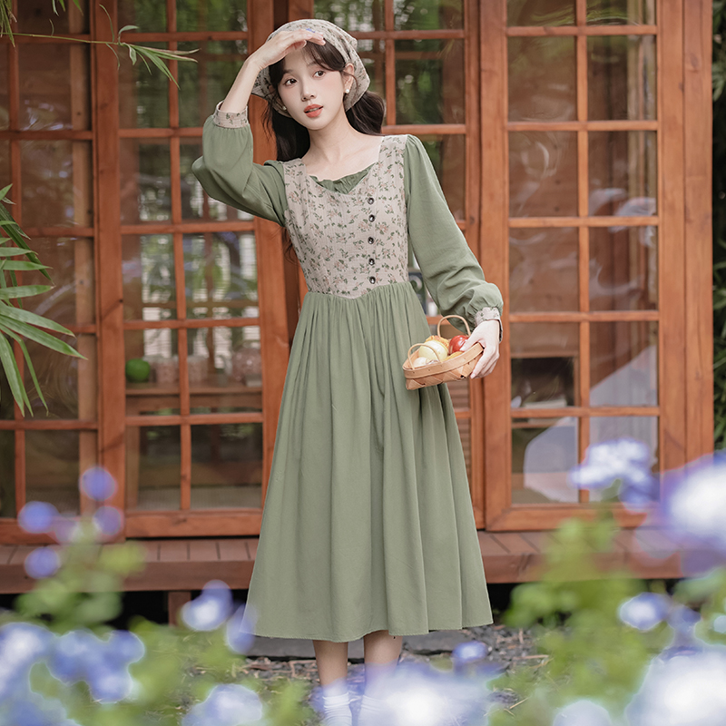 Pseudo-two countryside art retro canvas floral dress